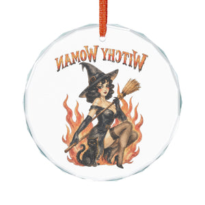 Witchy Woman Crystal Glass Ornament – Retro Pinup Witch Holiday Decoration
