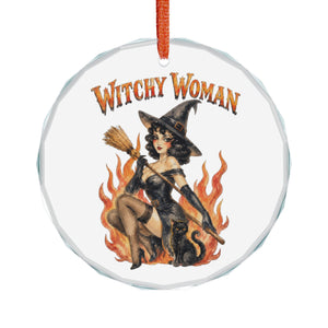 Witchy Woman Crystal Glass Ornament – Retro Pinup Witch Holiday Decoration
