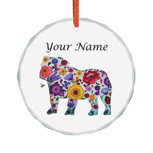 Personalized Floral Bulldog Crystal Ornament — Custom Name Glass Holiday Décor