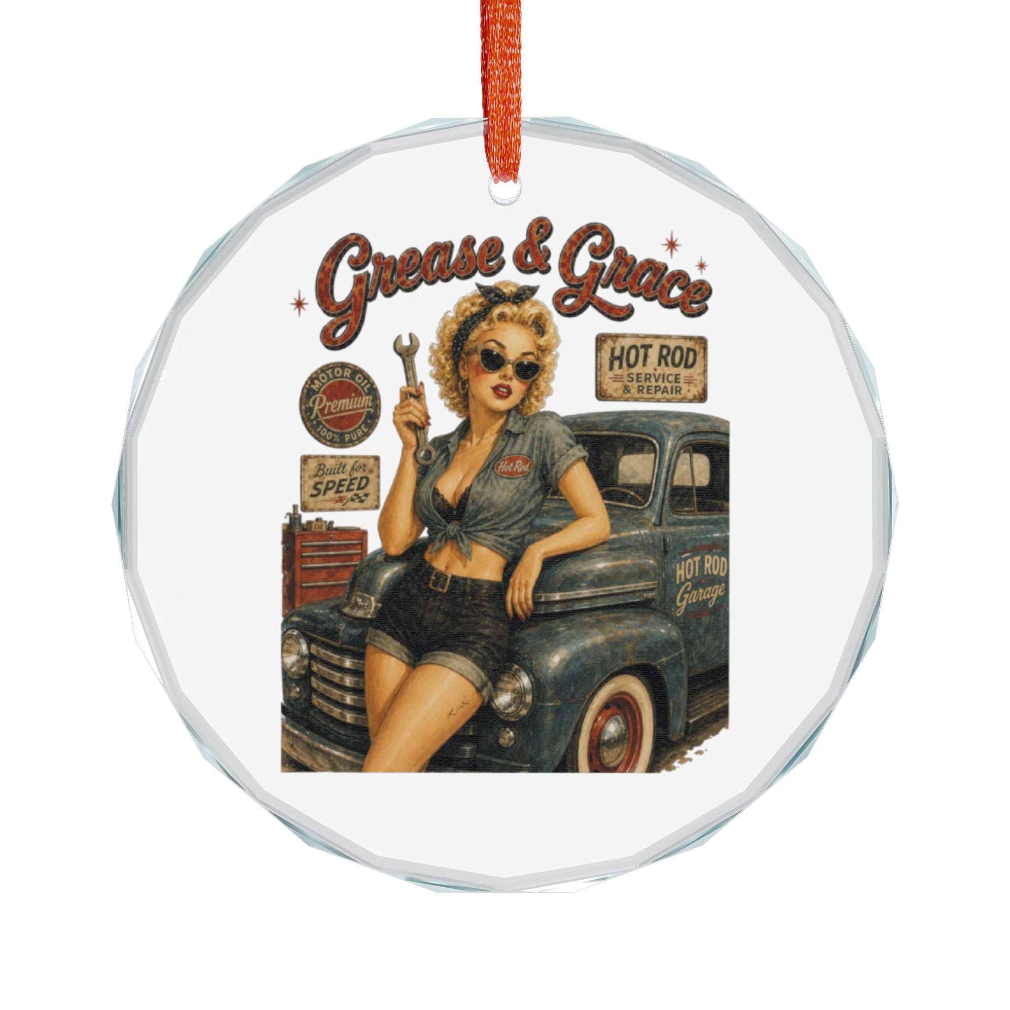 Retro Pin-Up Mechanic Crystal Ornament – “Guns & Grace” Vintage Car Gift