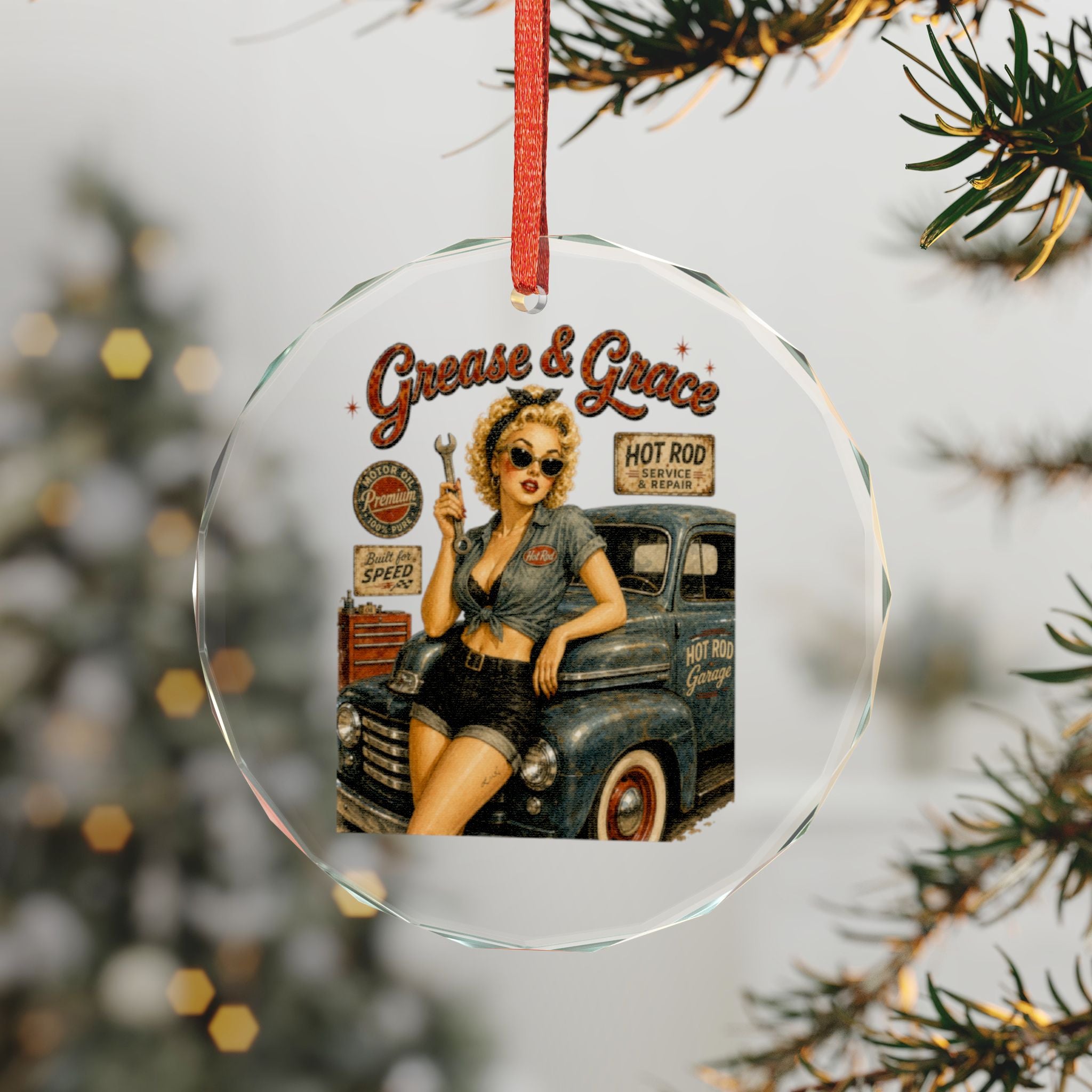 Retro Pin-Up Mechanic Crystal Ornament – “Guns & Grace” Vintage Car Gift