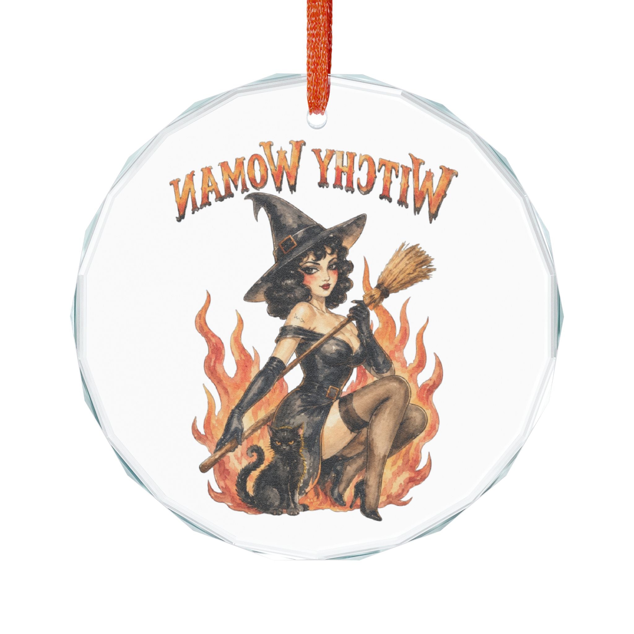 Witchy Woman Crystal Glass Ornament – Retro Pinup Witch Holiday Decoration