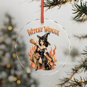 Witchy Woman Crystal Glass Ornament – Retro Pinup Witch Holiday Decoration
