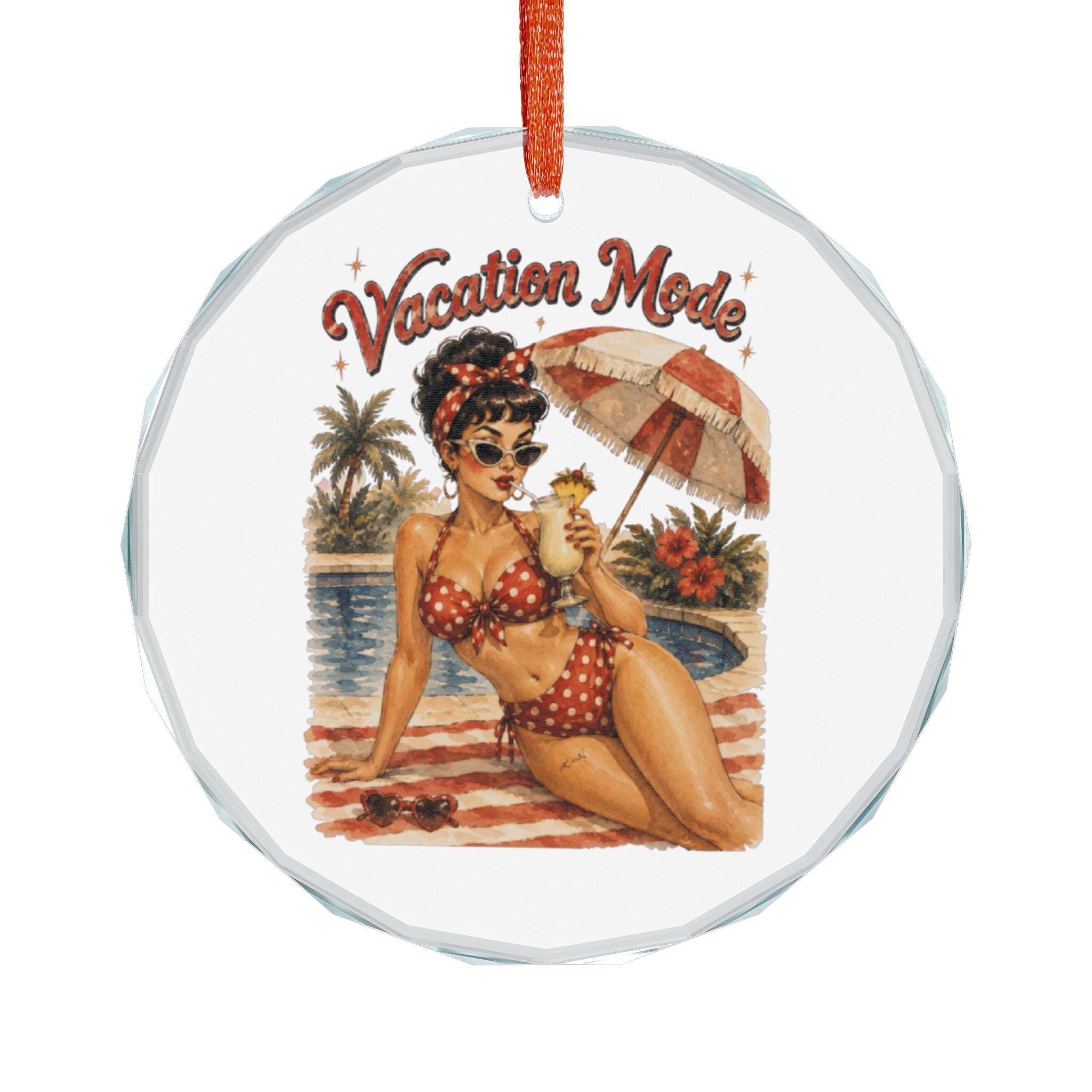 Crystal Ornament - Retro Pinup 'Vacation Mode' Beach Glass Keepsake