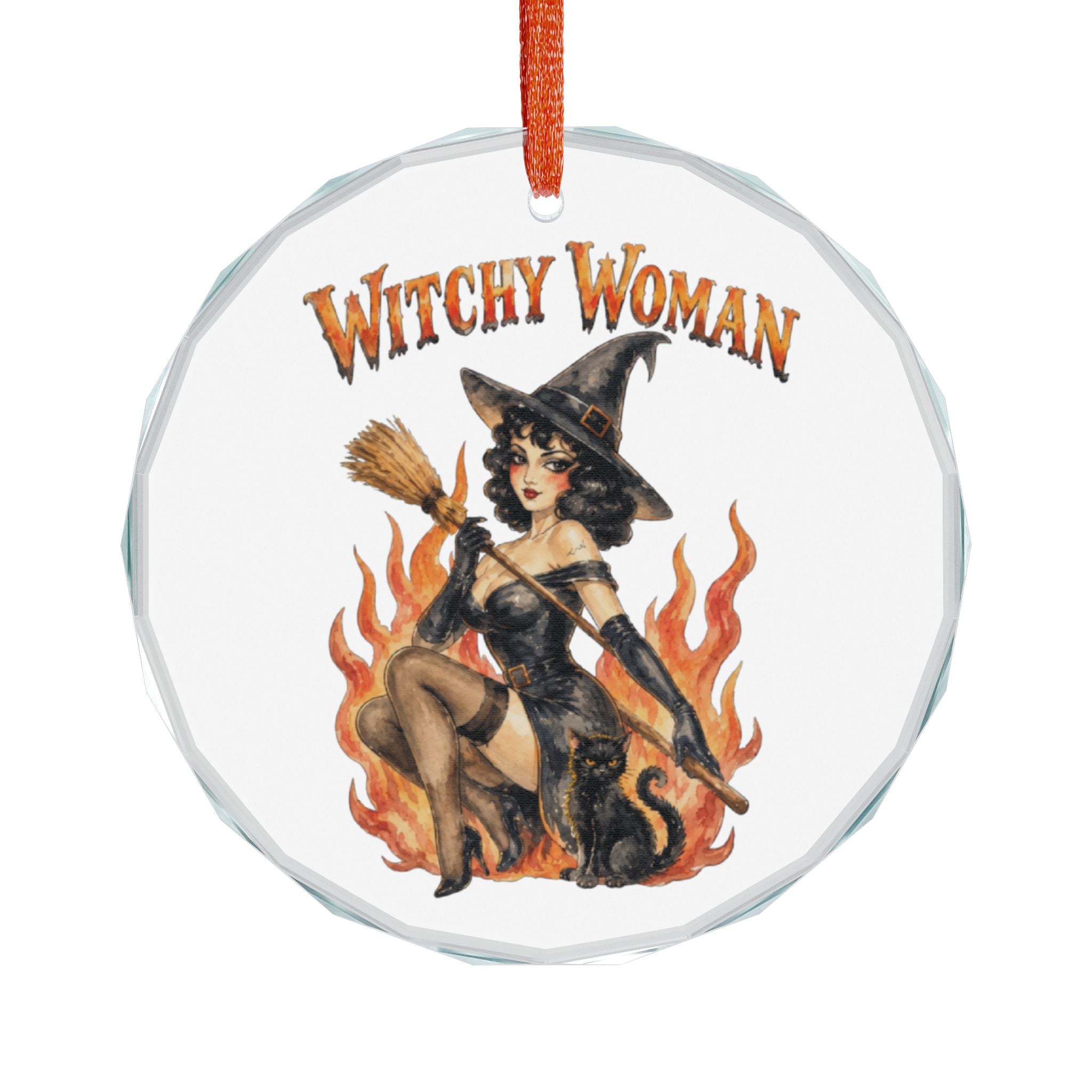 Witchy Woman Crystal Glass Ornament – Retro Pinup Witch Holiday Decoration