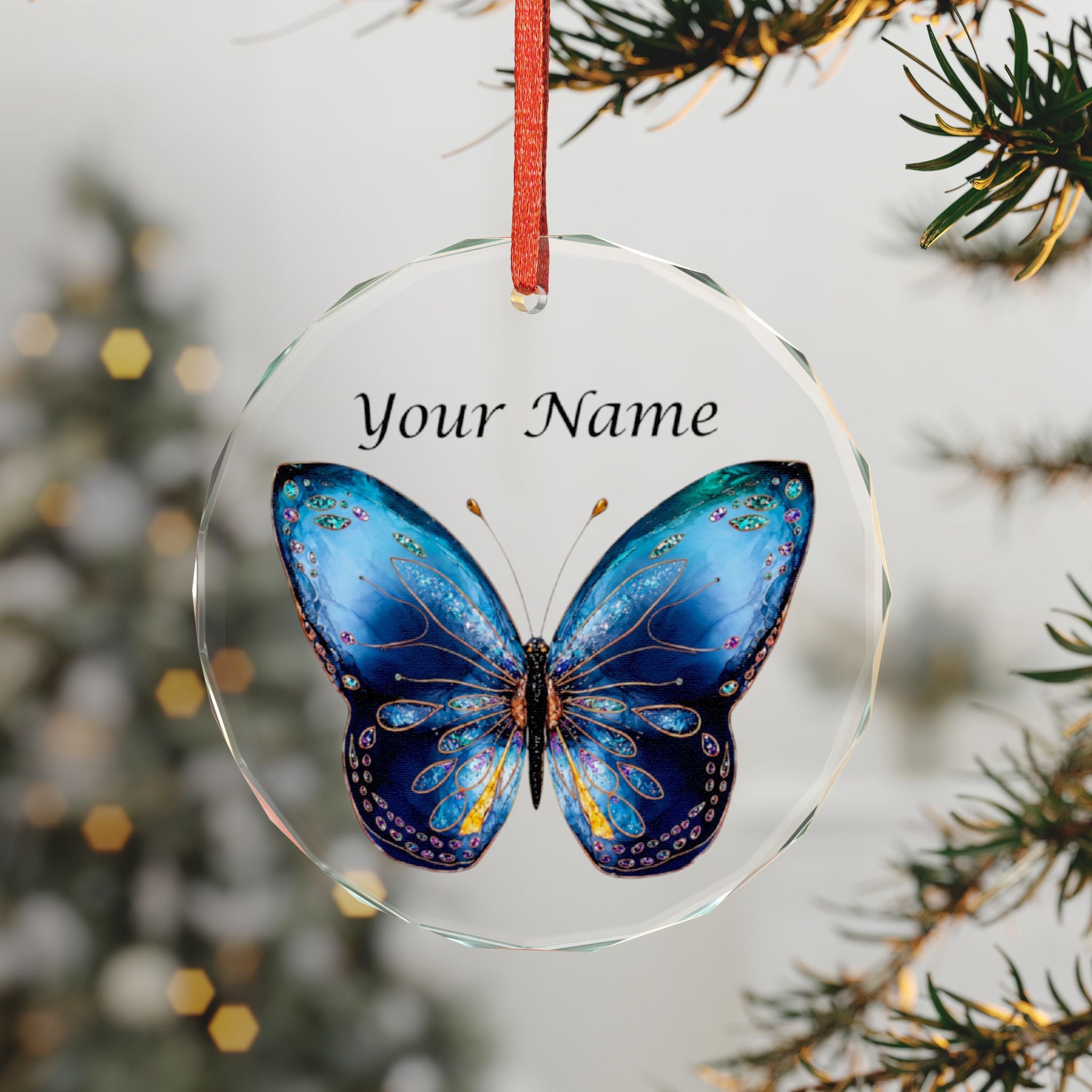 Personalized Blue Butterfly Crystal Ornament — Custom Name Glass Keepsake (Holiday, Memorial, Gift)