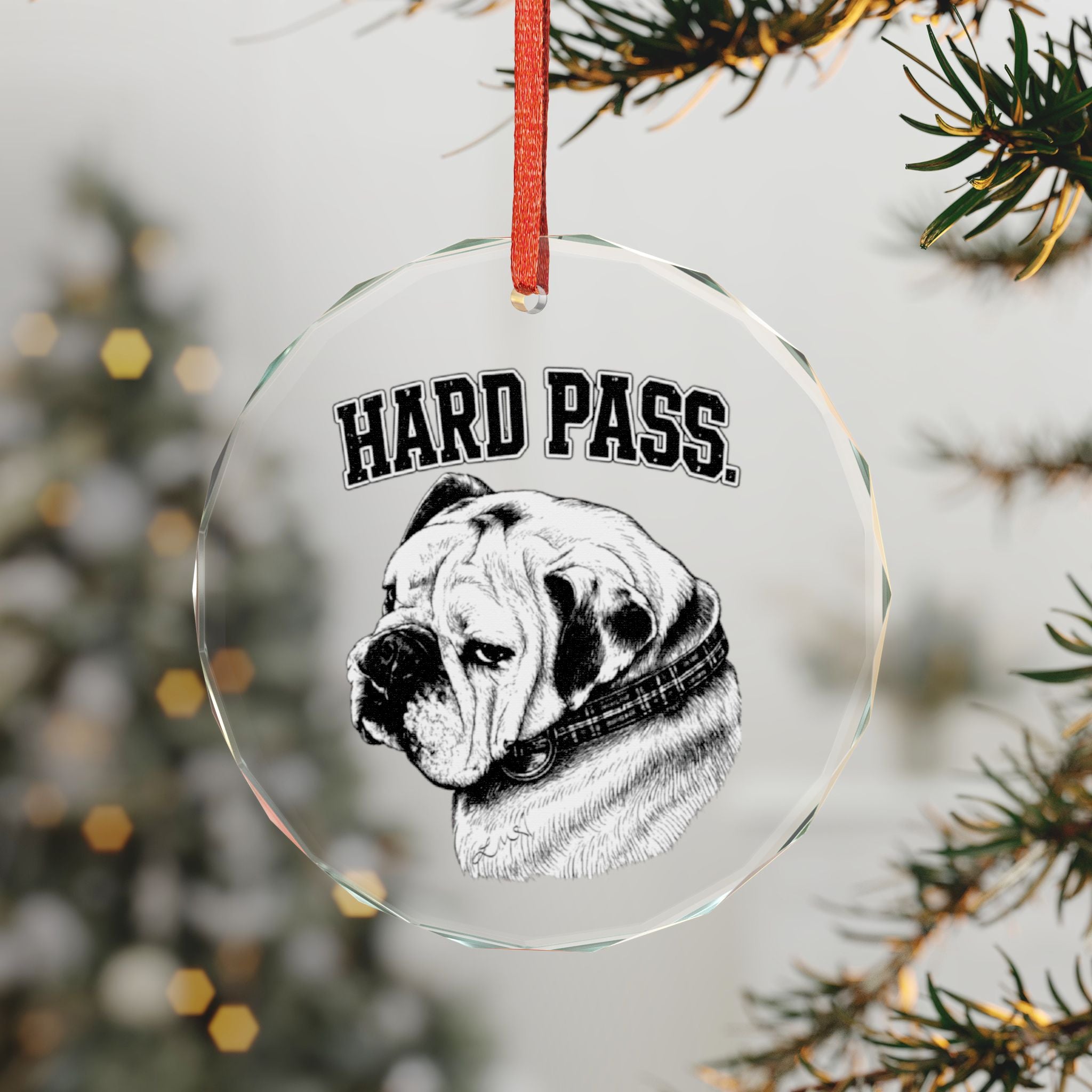 Crystal Ornament — "Hard Pass" Bulldog Glass Holiday Decoration