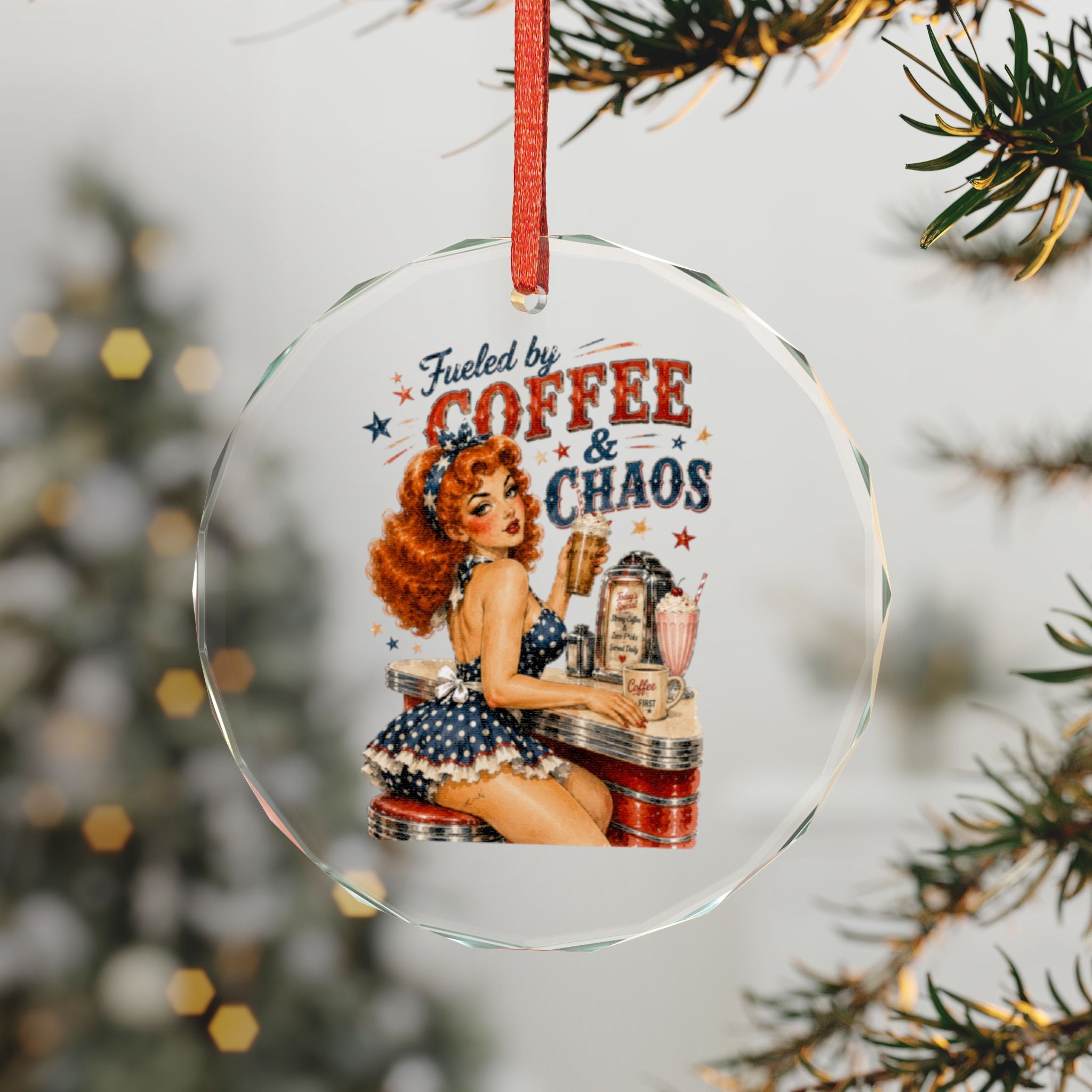 Crystal Ornament - 'Fueled by Coffee & Chaos' Vintage Pin-Up Holiday Keepsake