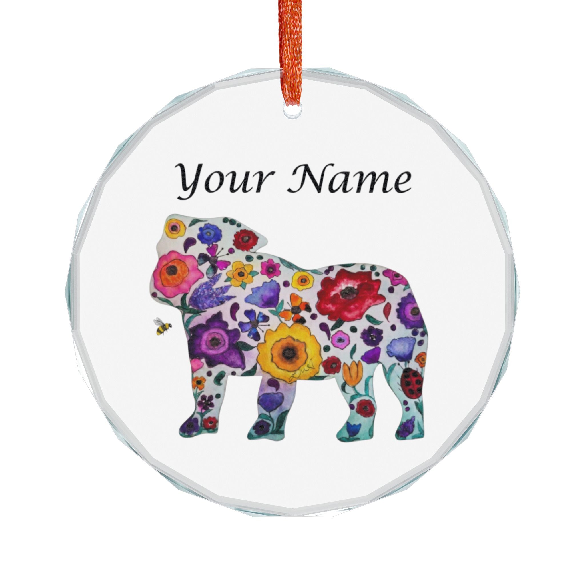 Personalized Floral Bulldog Crystal Ornament — Custom Name Glass Holiday Décor