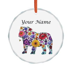 Personalized Floral Bulldog Crystal Ornament — Custom Name Glass Holiday Décor