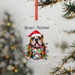 Personalized Christmas Bulldog Glass Ornament – Custom Name Holiday Decoration