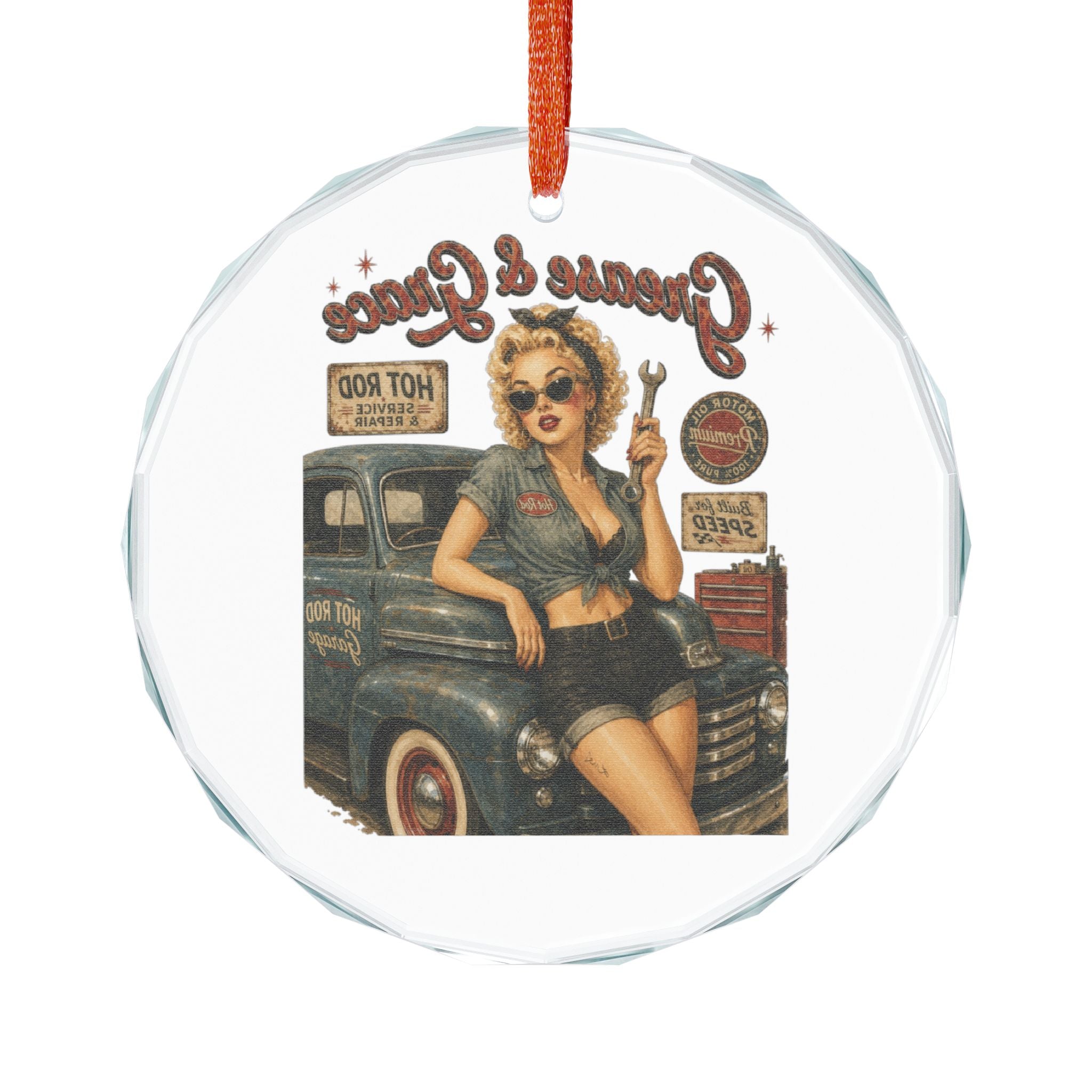 Retro Pin-Up Mechanic Crystal Ornament – “Guns & Grace” Vintage Car Gift