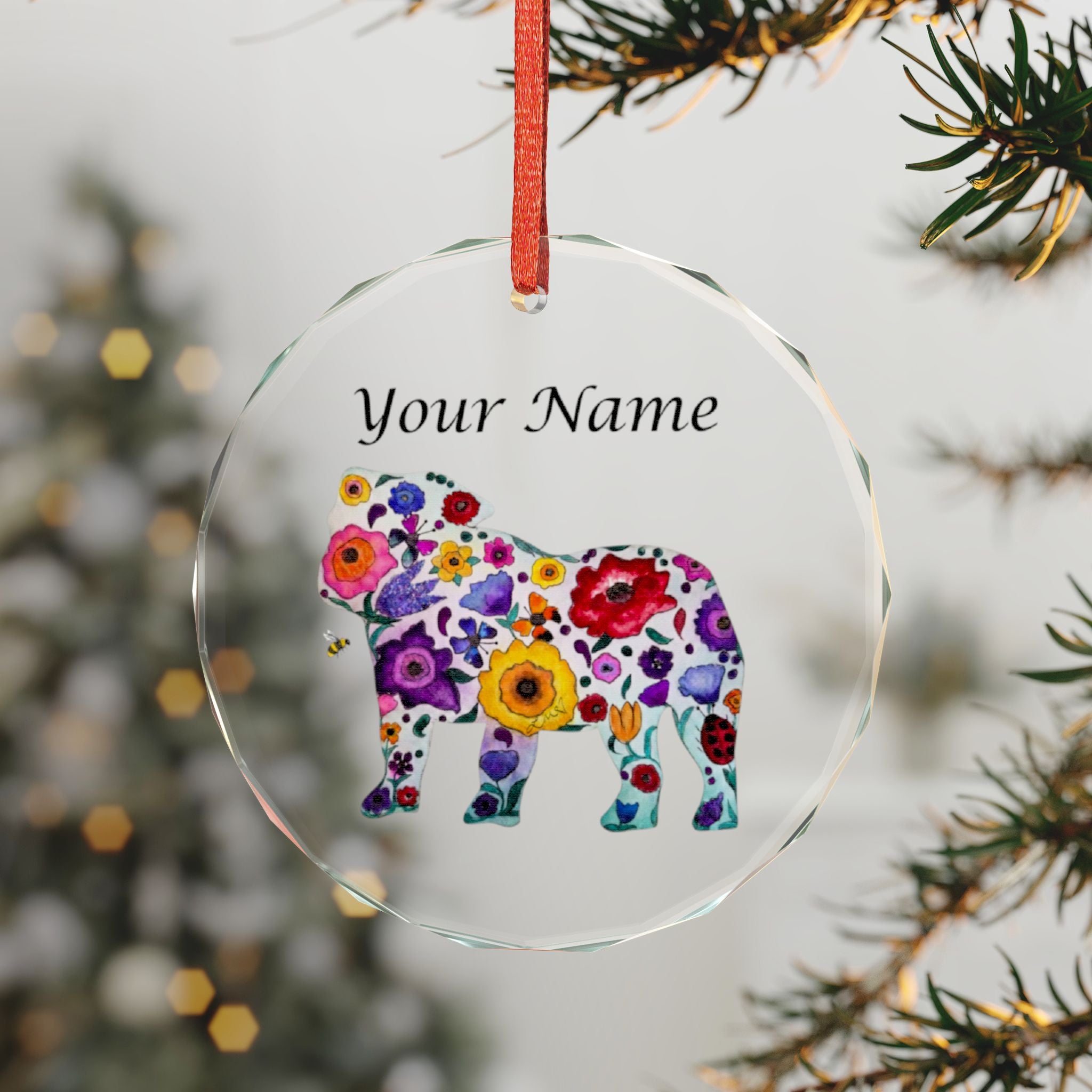 Personalized Floral Bulldog Crystal Ornament — Custom Name Glass Holiday Décor