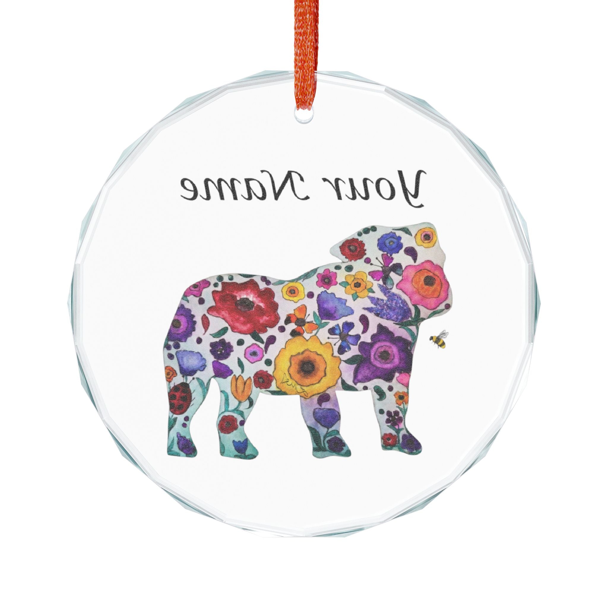 Personalized Floral Bulldog Crystal Ornament — Custom Name Glass Holiday Décor