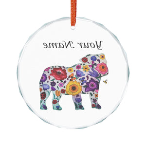 Personalized Floral Bulldog Crystal Ornament — Custom Name Glass Holiday Décor