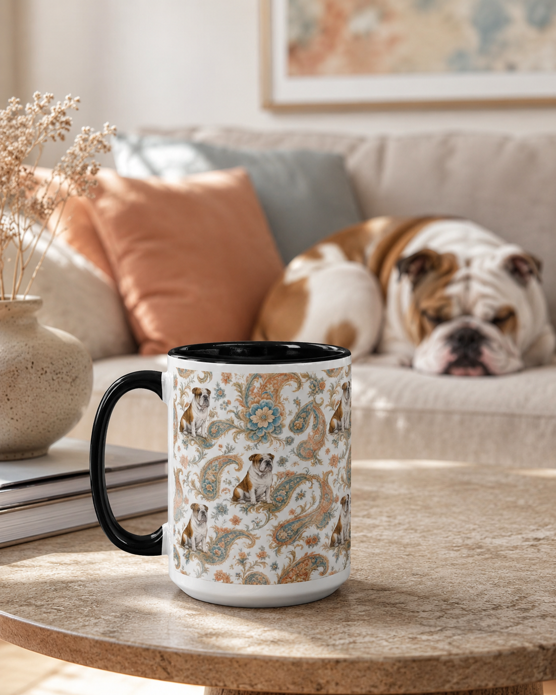 English Bulldog Cream Paisley Mug by Layla Moody