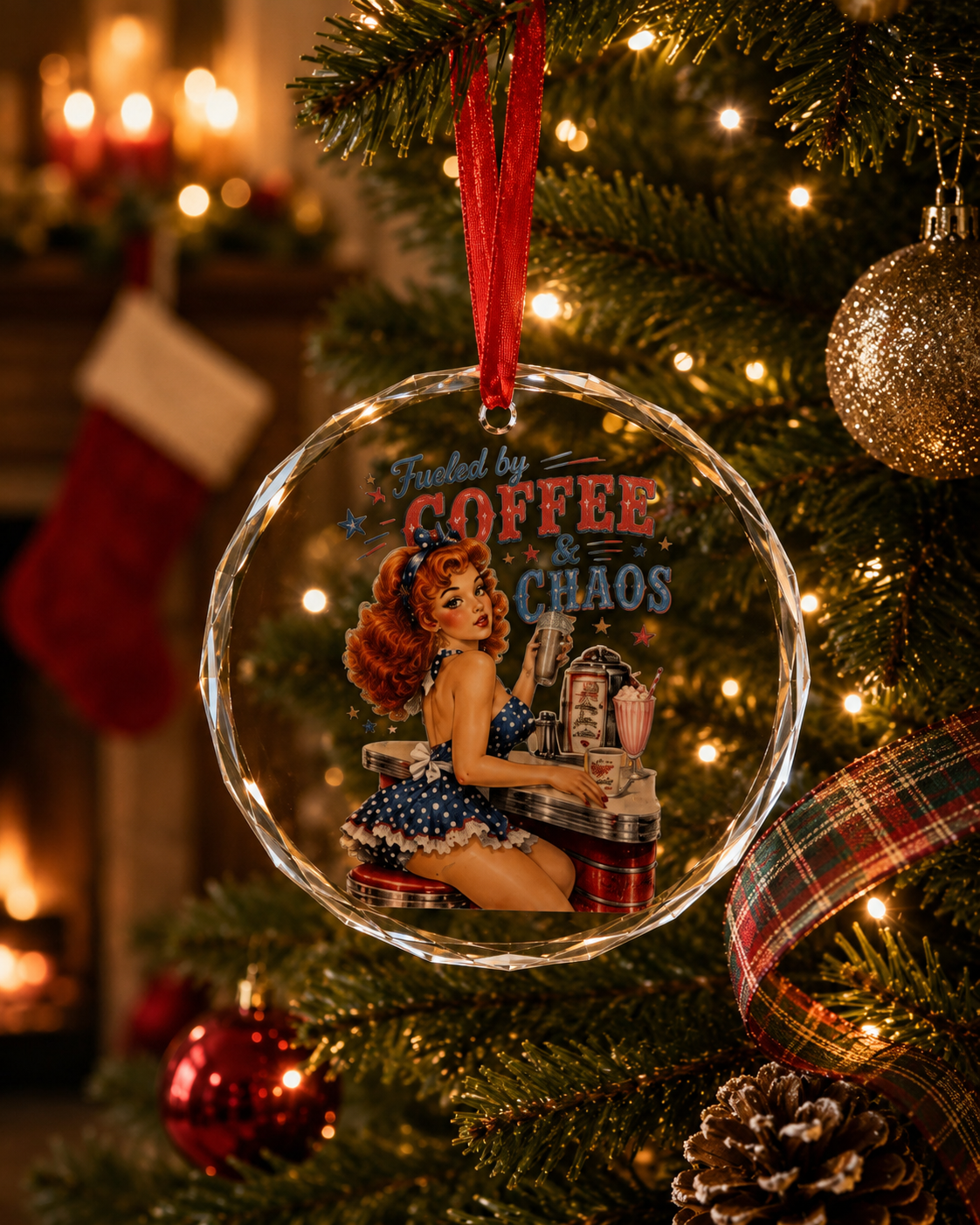Crystal Ornament - 'Fueled by Coffee & Chaos' Vintage Pin-Up Holiday Keepsake