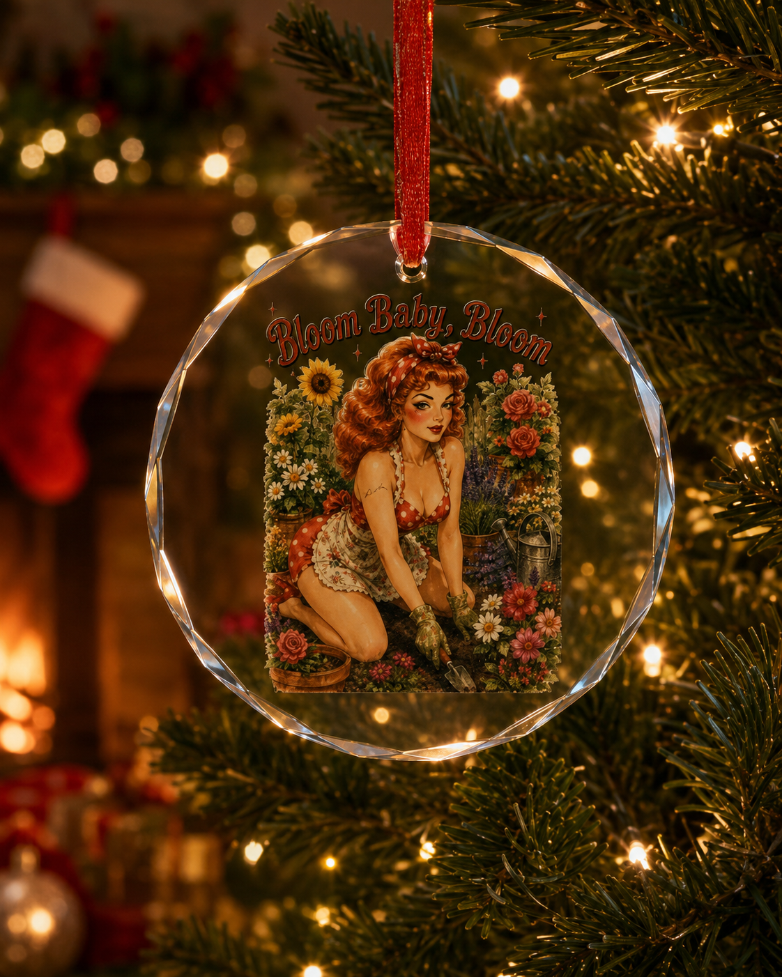 Crystal Ornament - Vintage Pinup "Bloom Baby Bloom" Floral Keepsake