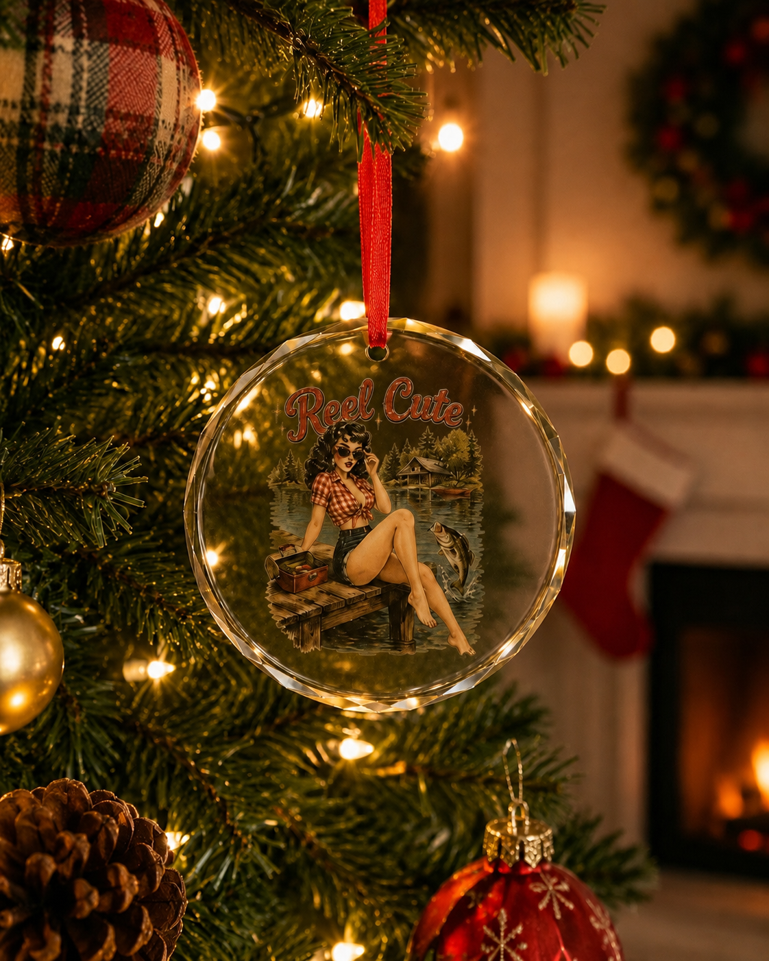 Crystal Ornament — Vintage 'Reel Cute' Fishing Pinup Glass Décor