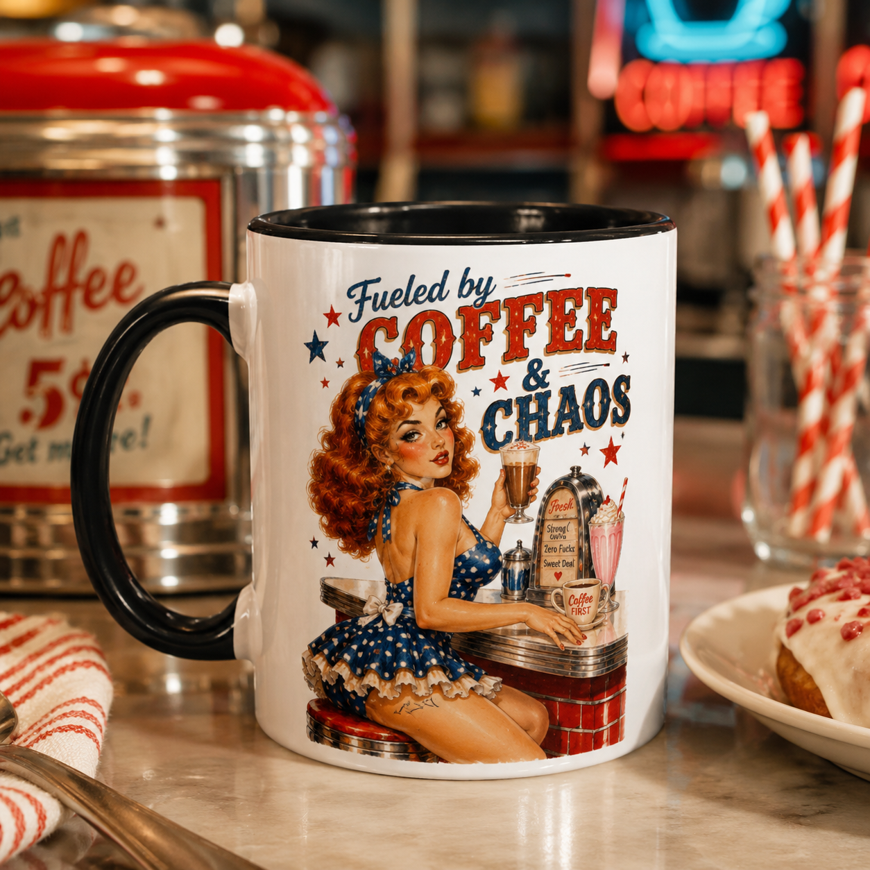 'Fueled by Coffee and Chaos' Pin-Up Mug by Layla Moody