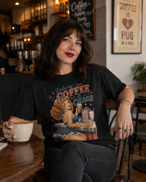 'Fueled by Coffee and Chaos' Pin-Up heavyweight t-shirt by Artist Layla Moody