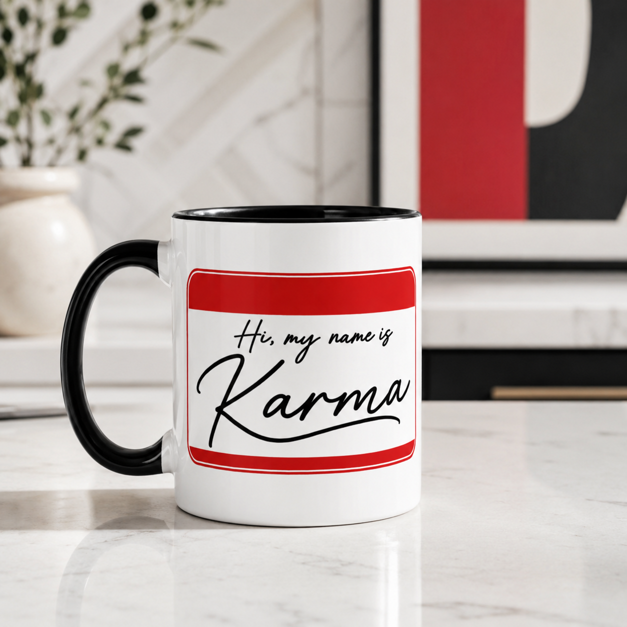 'Hi, My Name is Karma' Mug by Layla Moody