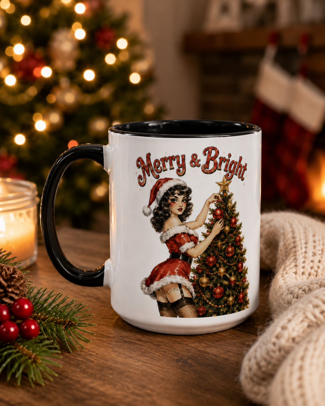 'Merry & Bright' Brunette Pin-Up Mug by Layla Moody