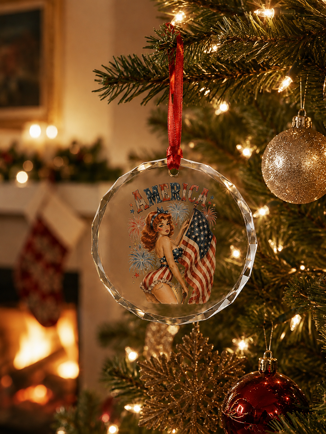 Patriotic Pin-Up Girl Crystal Ornament – America Flag Vintage Holiday Décor