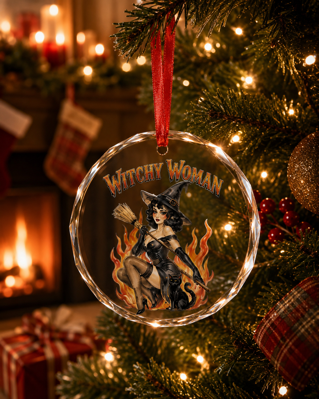 Witchy Woman Crystal Glass Ornament – Retro Pinup Witch Holiday Decoration